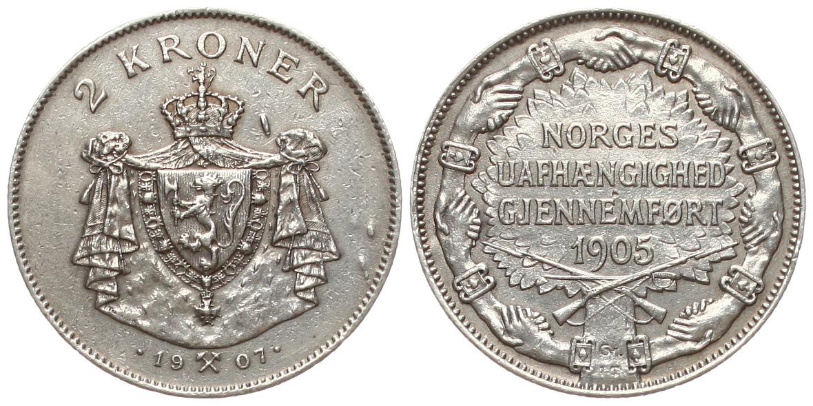  Norwegen: Håkon VII., 2 Kroner 1907, SEHR SELTEN UND TEUER, siehe unten!   