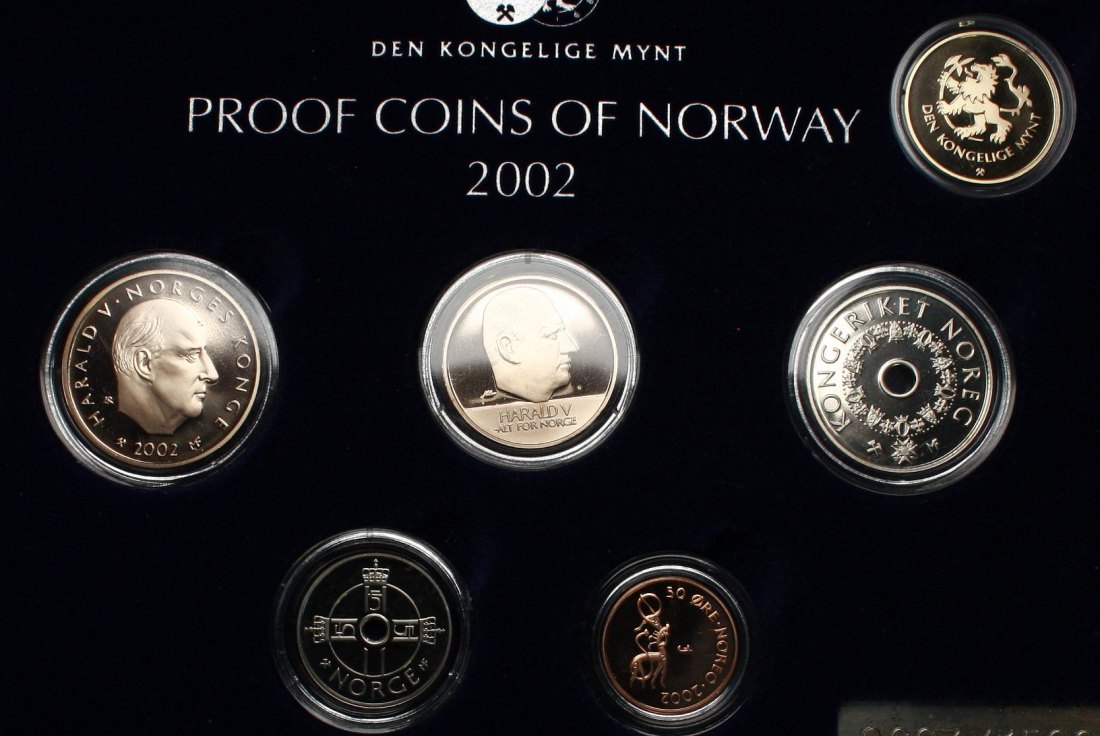  Norwegen: Harald V., Proofset 2002 mit Goldmedaille (7,77 gr 585er, 4,55 gr.fein) pp, näheres unten!   